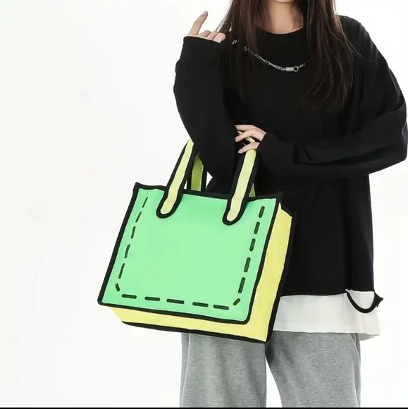 NEW Cartoon Anime Design Tote Bag, Contrast Binding Canvas Handbag - Picture 2 of 5